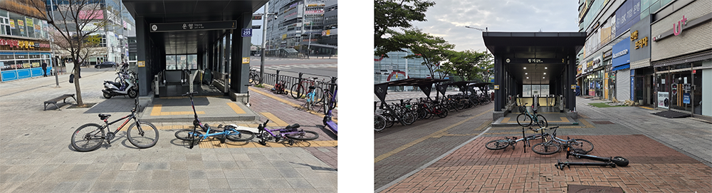 자전거와 킥보드로 출입구가 막힌 역사출입구.png